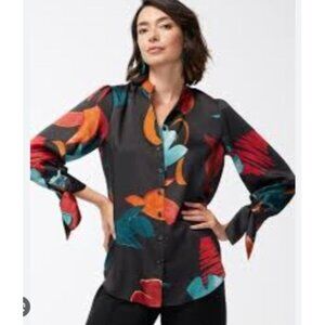 CHICOS Womens 12 Abstract Print Button Up Blouse Long Sleeve Tie Cuff Shirt Top